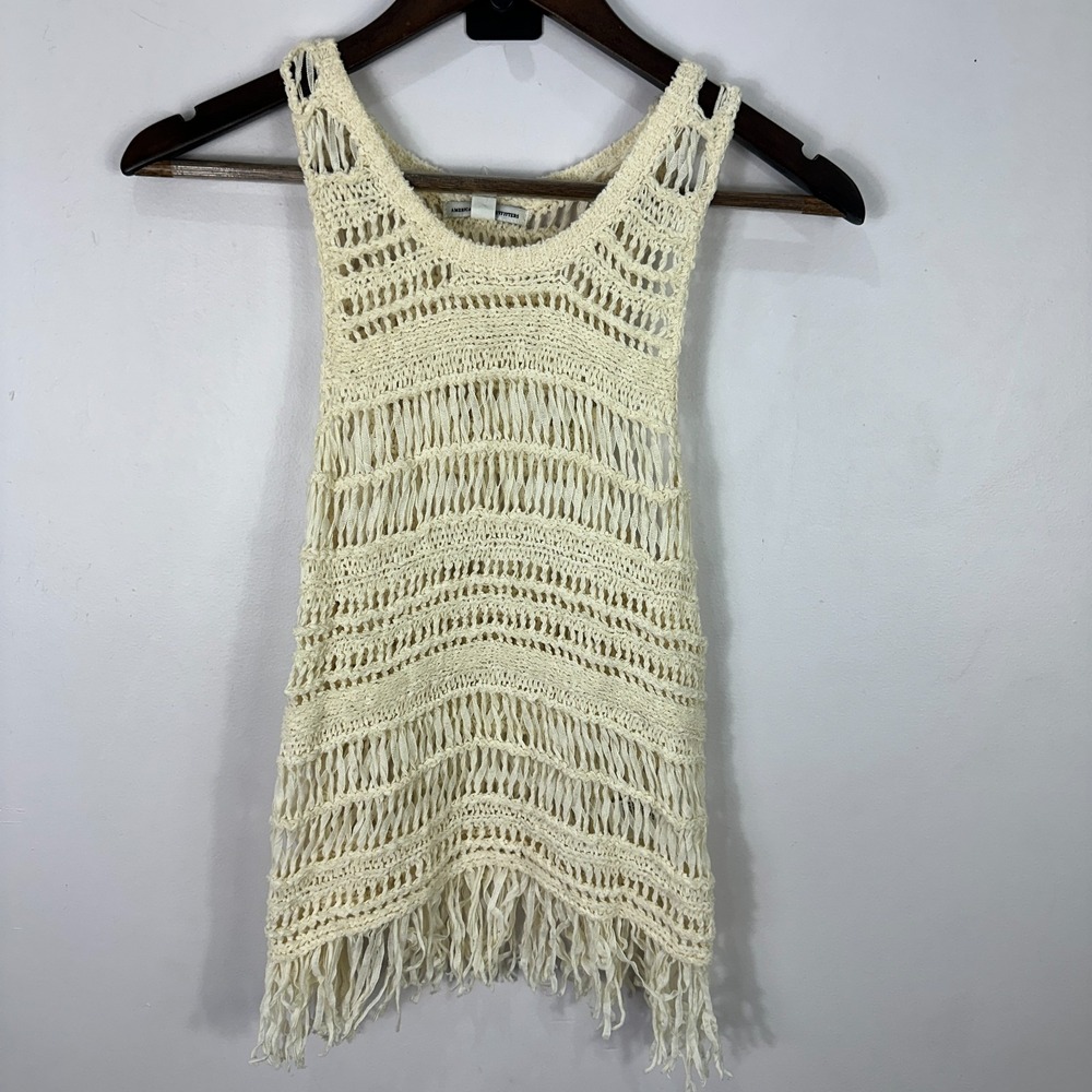 American Eagle XS Cream Crochet Knit Fringe Tank Top Boho Festival Coastal